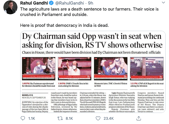 “Their (farmers’) voice is crushed in Parliament and outside,” said Rahul Gandhi.
