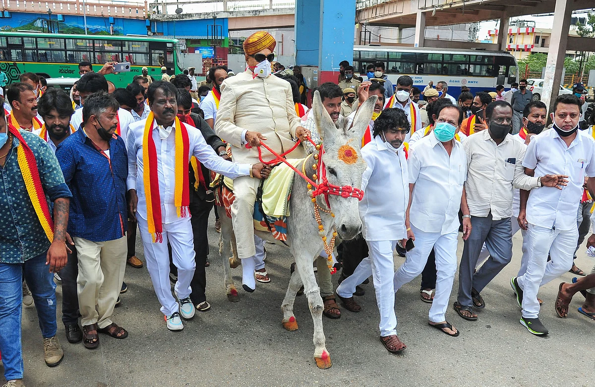 Kannada Chaluvali Vatal Paksha (KCVP) leader Vatal Nagaraj rides a donkey during a protest against the farm reform bills passed in the Parliament recently, in Bengaluru, Monday, 28 September, 2020.