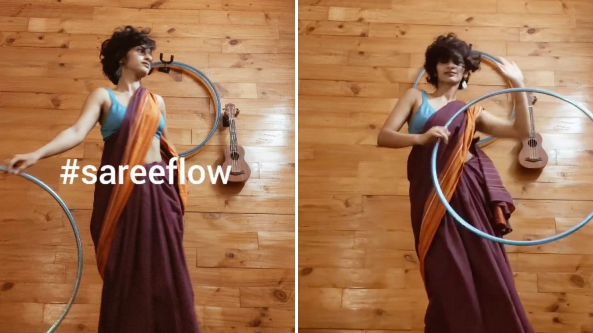 Watch her ace dancing moves in a saree as she hula hoops. 