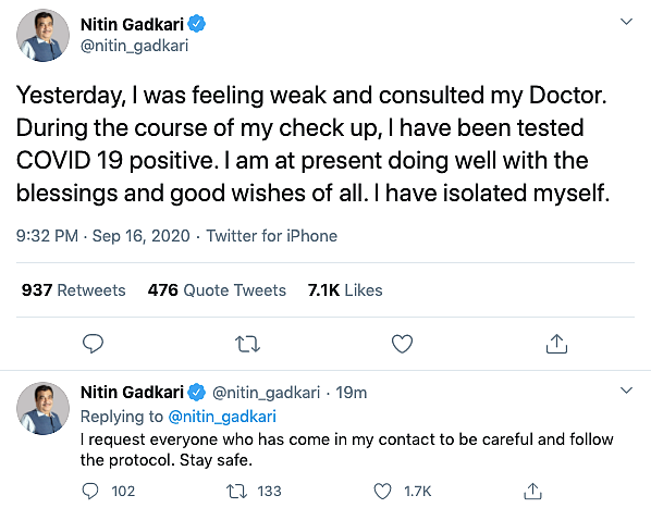 Union Minister Nitin Gadkari Tests COVID Positive, Isolates Self