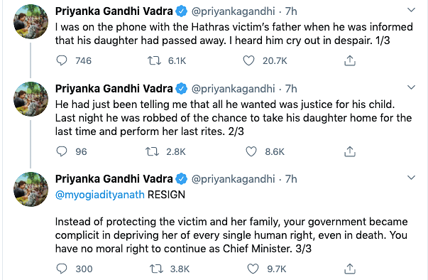 Yogi Adityanath has “no moral right to continue as chief minister,” said Priyanka Gandhi.