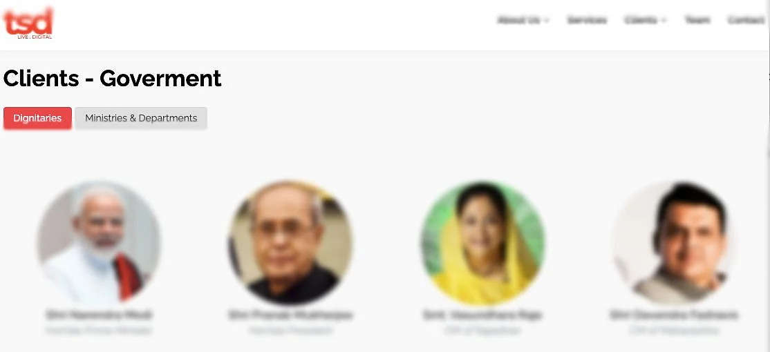 BJP Leader’s Social Media Manager: Before The Quint’s article was published on 6 August, senior BJP leaders were presented as ‘Clients-Government’ on TSD Corporation’s website.