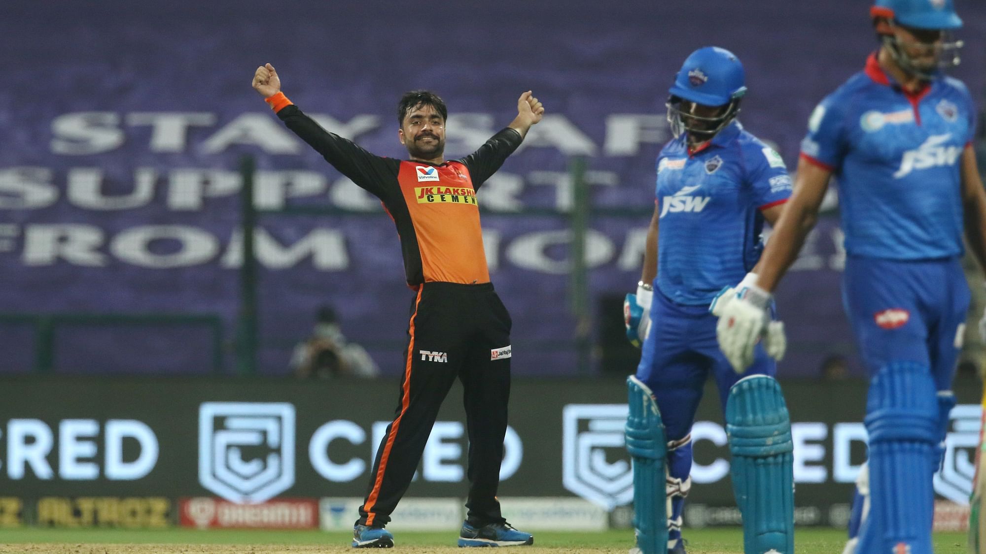 Sunrisers Hyderabad bowler Rashid Khan celebrates a wicket.
