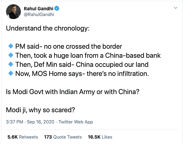 “Is Modi Government with the Indian Army or with China?” asked Congress Leader Rahul Gandhi.