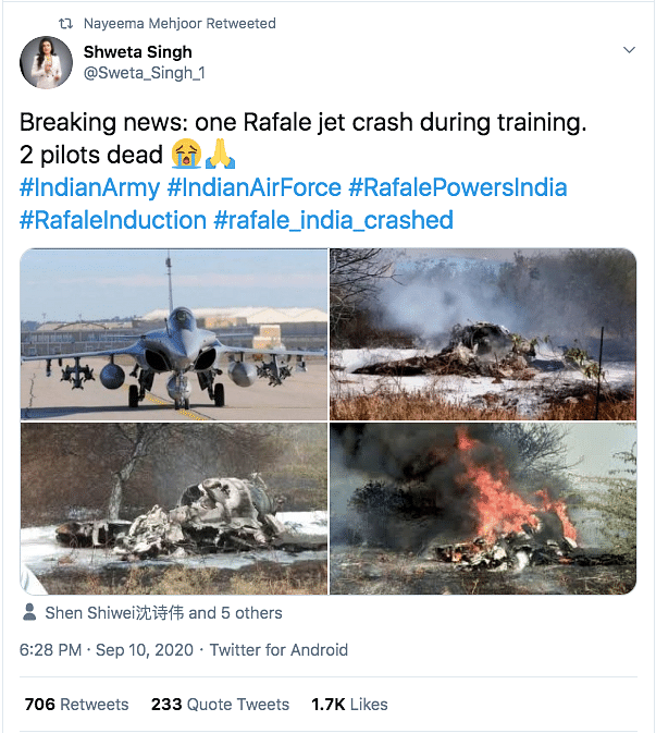 Photos of an aircraft in flames are viral with the claim that a Rafale crashed during training and two pilots died.