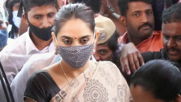 Kannada actor Ragini Dwivedi appearing for questioning.