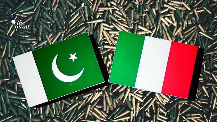 Image of Pakistan (L) and Italy’s (R) flags, and guns in the background – to represent terrorism – used for representational purposes.