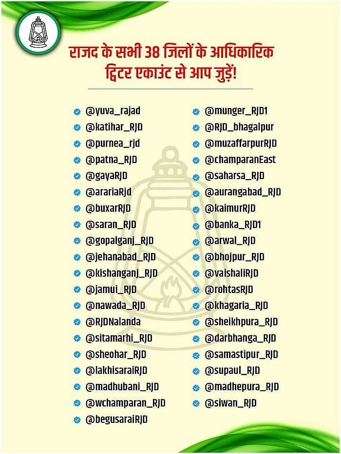 List of RJD's twitter pages made for 38 distructs.