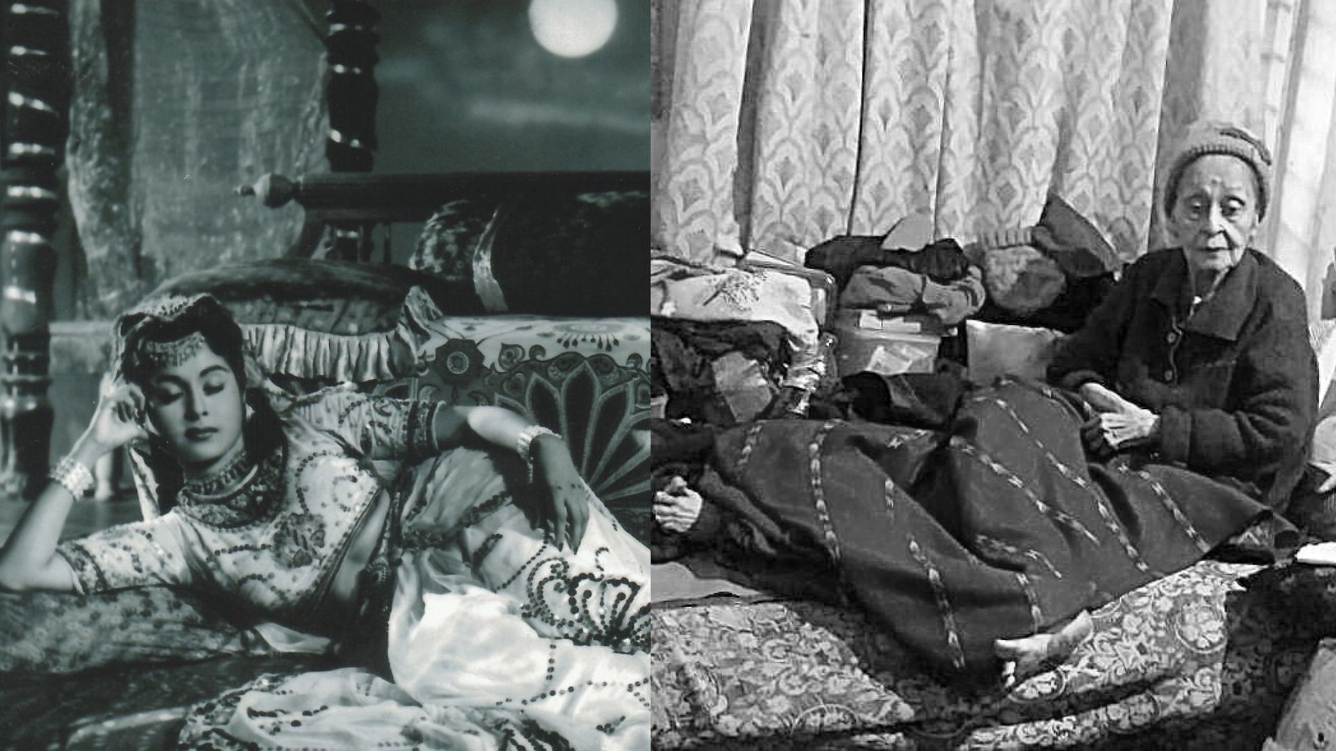 Yesteryear actor Smriti Biswas in a film (L); Smriti Biswas at her home in Nashik (R).