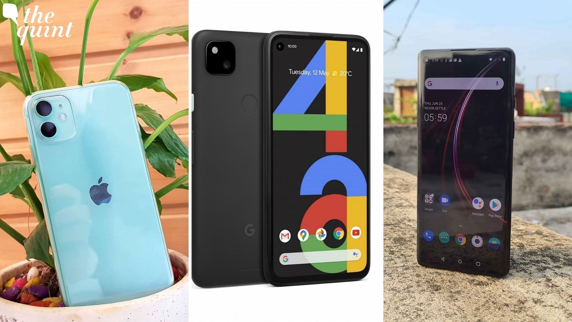 Representational images for the Apple iPhone 12, Google Pixel 4a and OnePlus 8T.