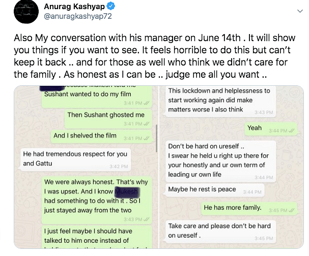 Anurag Kashyap extends support to Rhea, who has been arrested in Sushant Singh Rajput case. 