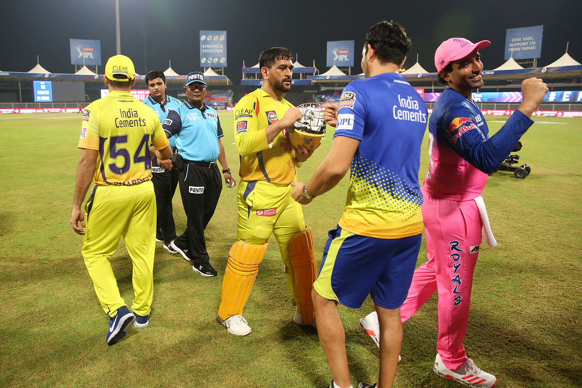 Players meet after Rajasthan Royals beat Chennai Super Kings at the Sharjah Cricket Stadium, Sharjah in the United Arab Emirates on the 22th September 2020.