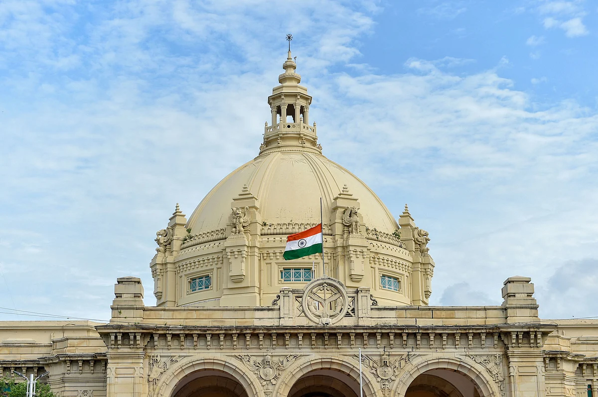Indian national flag flies at half-mast at Vidhan Bhawan as part of seven day state mourning on demise of former president Pranab Mukherjee, in Lucknow.