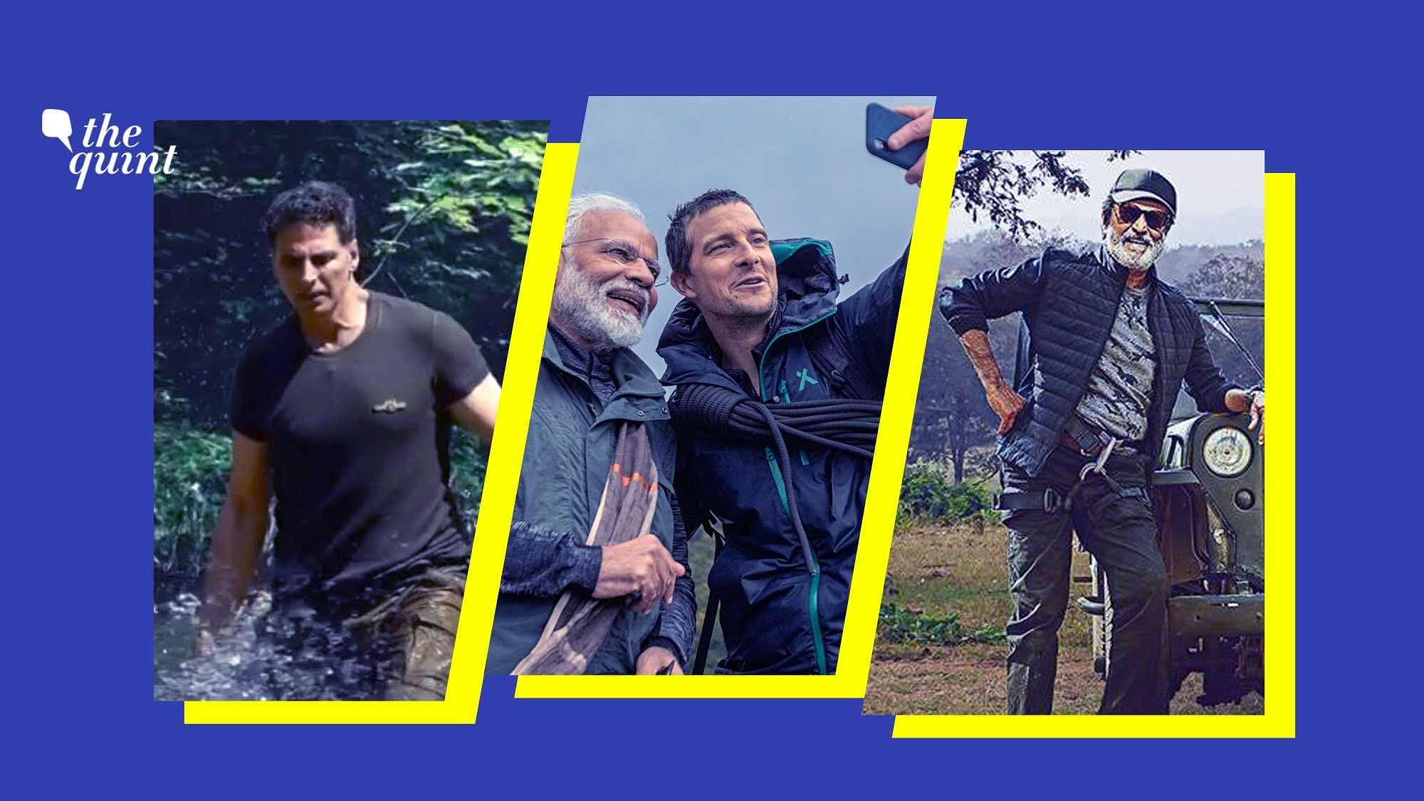 <i>Into The Wild</i> With Bear Grylls: PM Narendra Modi, Akshay Kumar and Rajinikanth with Bear Grylls in episodes of <i>Into The Wild</i>.