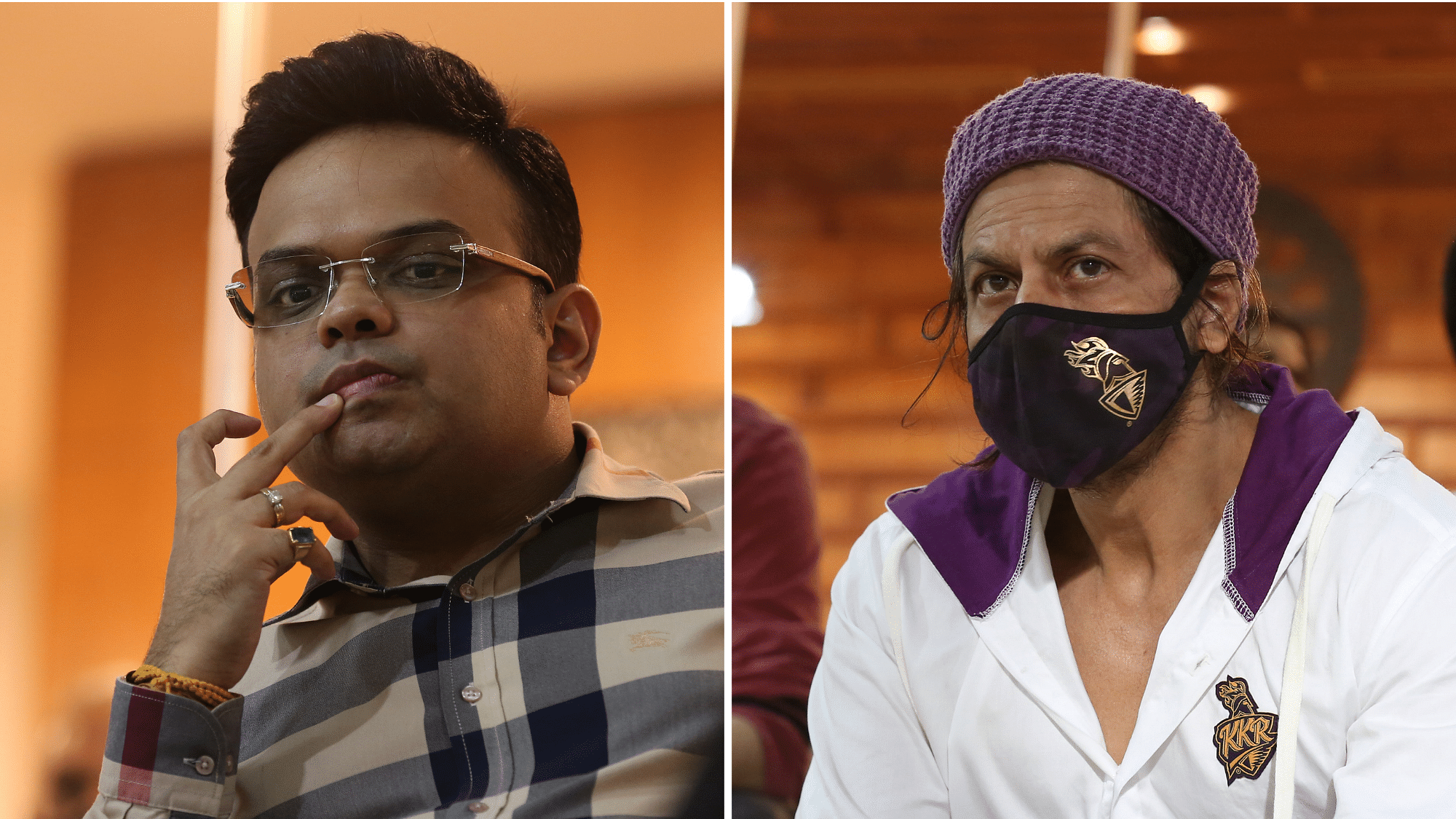 BCCI Secretary Jay Shah and Bollywood actor Shahrukh Khan were spotted in the stands during the IPL 2020 match between KKR and RCB.
