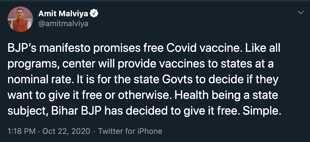 The BJP has promised to provide free COVID vaccination for all people in Bihar once a vaccine is approved.