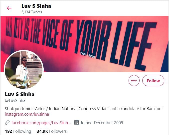 A fake account of Luv Sinha – the Congress candidate from Bankipur – is gaining traction on Twitter.