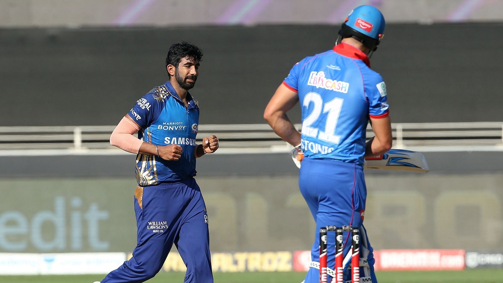 Jasprit Bumrah after dismissing Marcus Stoinis at the start of a dream over in Dubai.&nbsp;