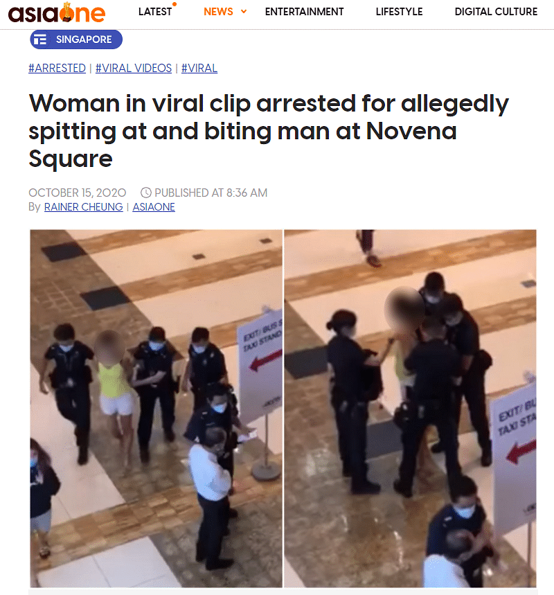 The woman was arrested for allegedly pouring soup on man’s head and biting his hand in Singapore’s Novena Square.