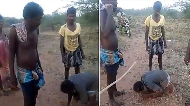 People from the Thevar community in Thoothukudi forcing a Dalit shepherd to fall at their feet.&nbsp;