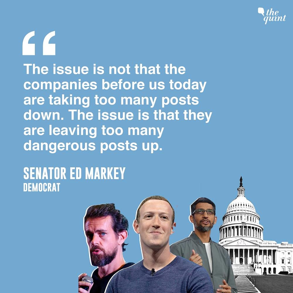 Mark Zuckerberg, Sundar Pichai and Jack Dorsey testified on content moderation policies on their platforms. 