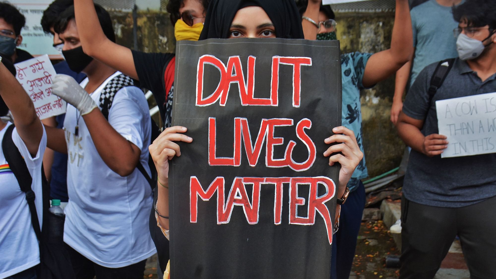 Democratic Youth Federation of India (DYFI) members during a protest rally demanding justice for the Hathras victim, outside the gate of IIT Powai, in Mumbai, Friday, 2 October.&nbsp; &nbsp;