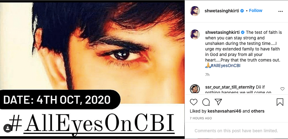 Shweta Singh Kirti, Sushant Singh Rajput’s sister, posts on Instagram after the AIIMS panel rules out murder. 
