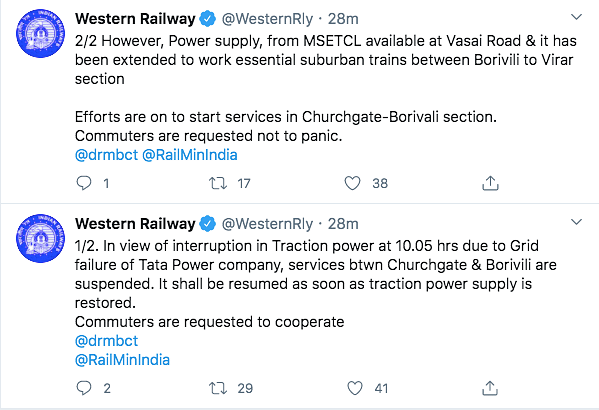 Local and outstation train services on the Western and Central lines were disrupted briefly before being restored.