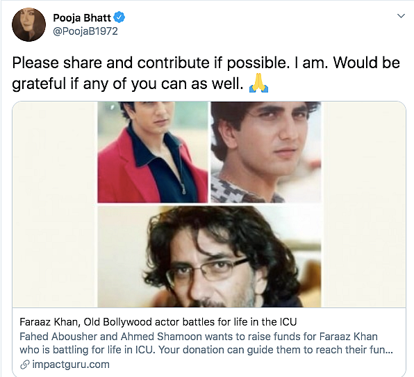 Pooja Bhatt Calls For Aid For Actor Faraaz Khan's Treatment