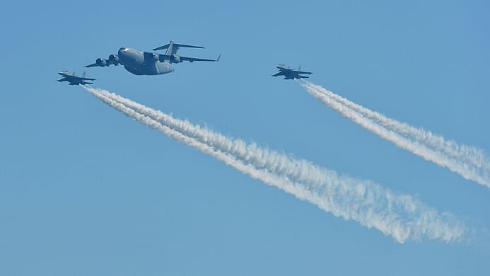 A C-17 Globemaster III and two Sukhoi Su-30MKI planes flypast in a formation, during the 87th Indian Air Force Day Parade.&amp;nbsp;