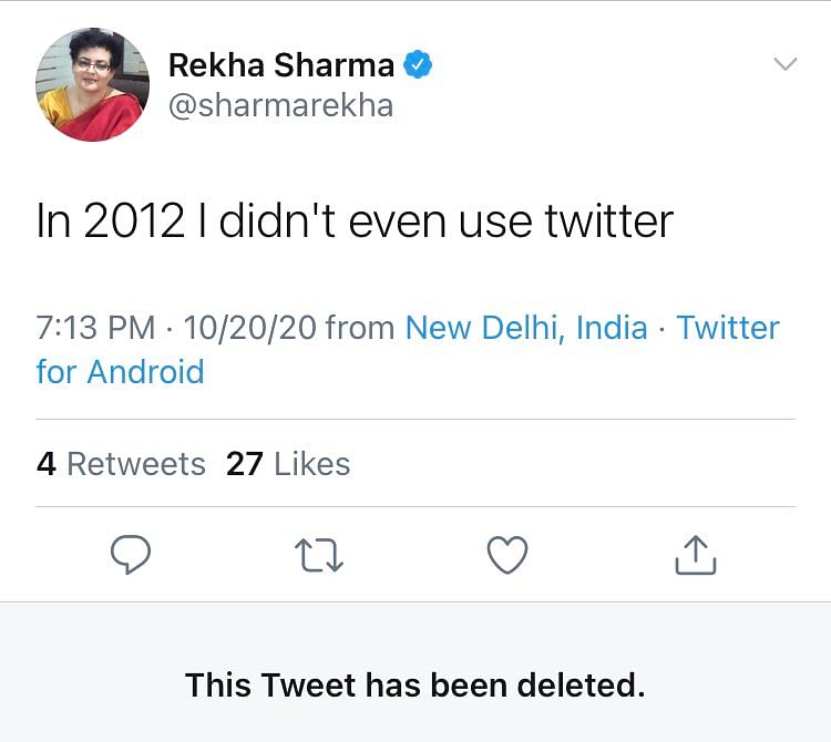 Netizens demanded that NCW chief Rekha Sharma be sacked for her comment on “love jihad” & past misogynistic tweets.