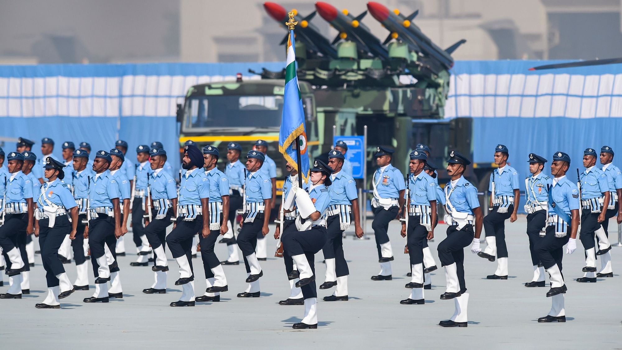 IAF personnel march past during the 88th Air Force Day celebrations at Hindon airbase in Ghaziabad.
