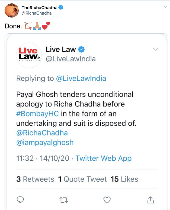 Richa Chadha had filed a defamation suit against Payal Ghosh for dragging her name in Anurag Kashyap case. 