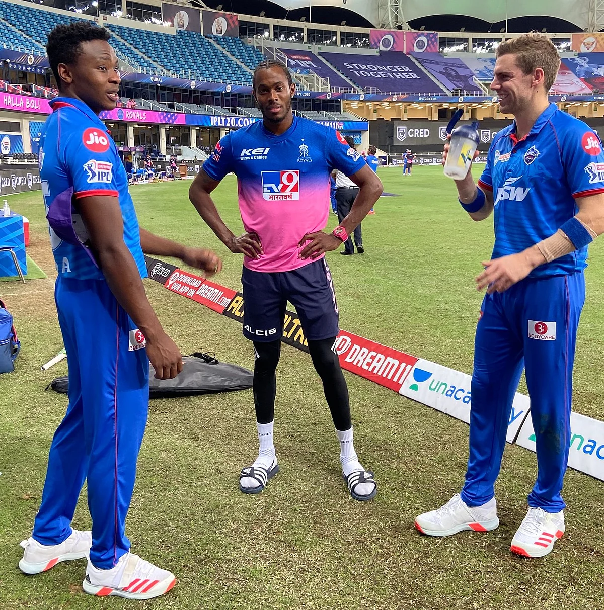 Kagiso Rabada, Jofra Archer and Anrich Nortje after the game
