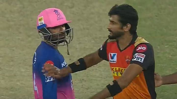 Rahul Tewatia and Khaleel Ahmed during the last over of the game between Rajasthan Royals and Sunrisers Hyderabad