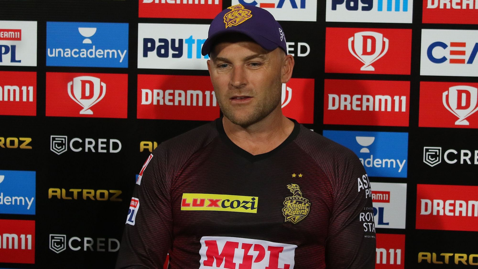 Kolkata Knight Riders coach Brendon McCullum speaking at the post-match press conference