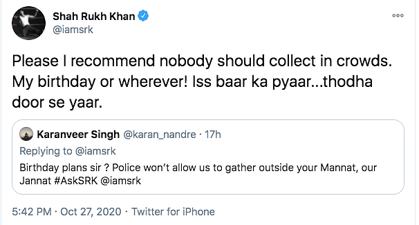 The actor recently hosted an #AskSRK on Twitter with fans.