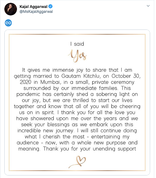 Kajal Aggarwal announces she is getting married.