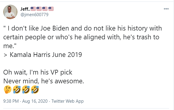 The quote has been lifted off a blog, where the author’s opinion on Biden has been falsely linked to Harris’.