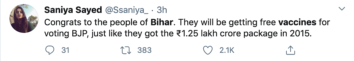 FM Promises Free COVID-19 Vaccine in Bihar, Twitter Reacts