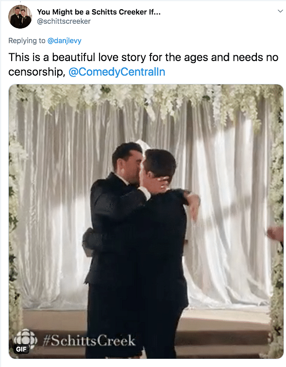 Dan Levy called out the channel for censoring same sex kiss. 