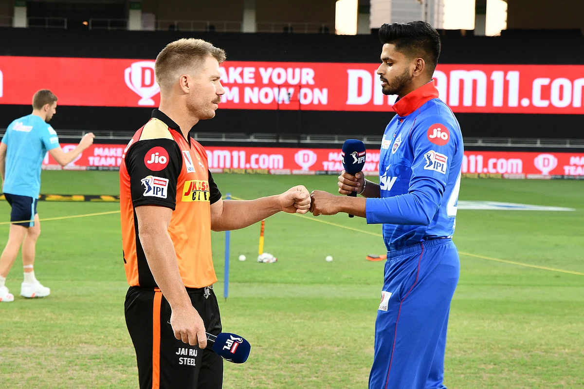 SRH Captain David Warner and DC Captain Shreyas Iyer during the Toss before the match 47 of season 13 of the Dream 11 Indian Premier League (IPL).