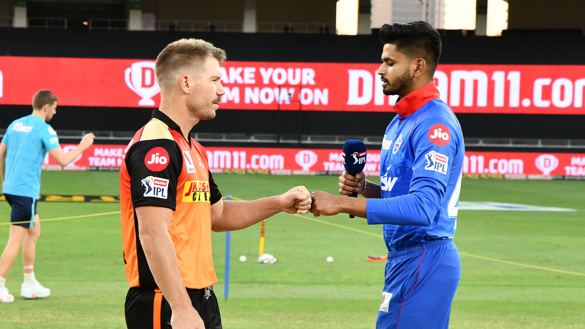 SRH Captain David Warner and DC Captain Shreyas Iyer during the Toss before the match 47 of season 13 of the Dream 11 Indian Premier League (IPL).