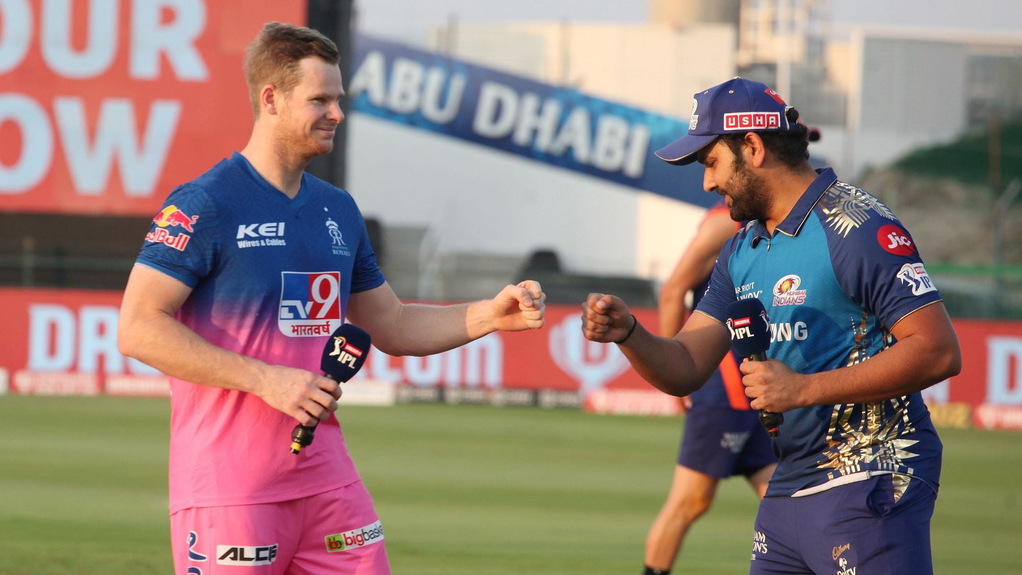 Rohit Sharma captain of Mumbai Indians and Steve Smith captain of Rajasthan Royals during the toss of the match 20 of season 13 of the Dream 11 Indian Premier League.