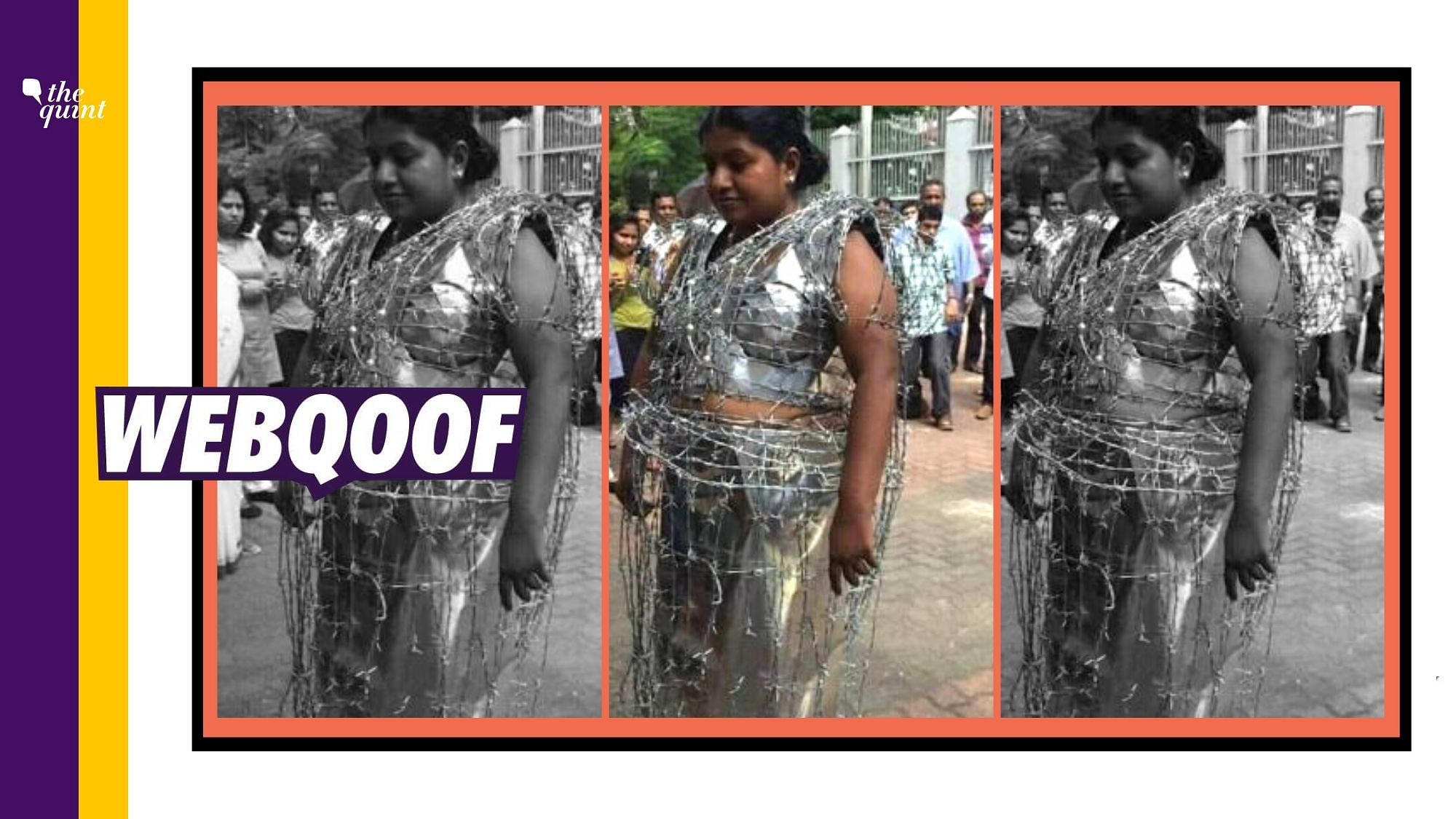 Image of a woman wearing a metal sheet as a sari with barbed wire wrapped around it is being widely shared with a claim that she is protesting over the Hathras Case.
