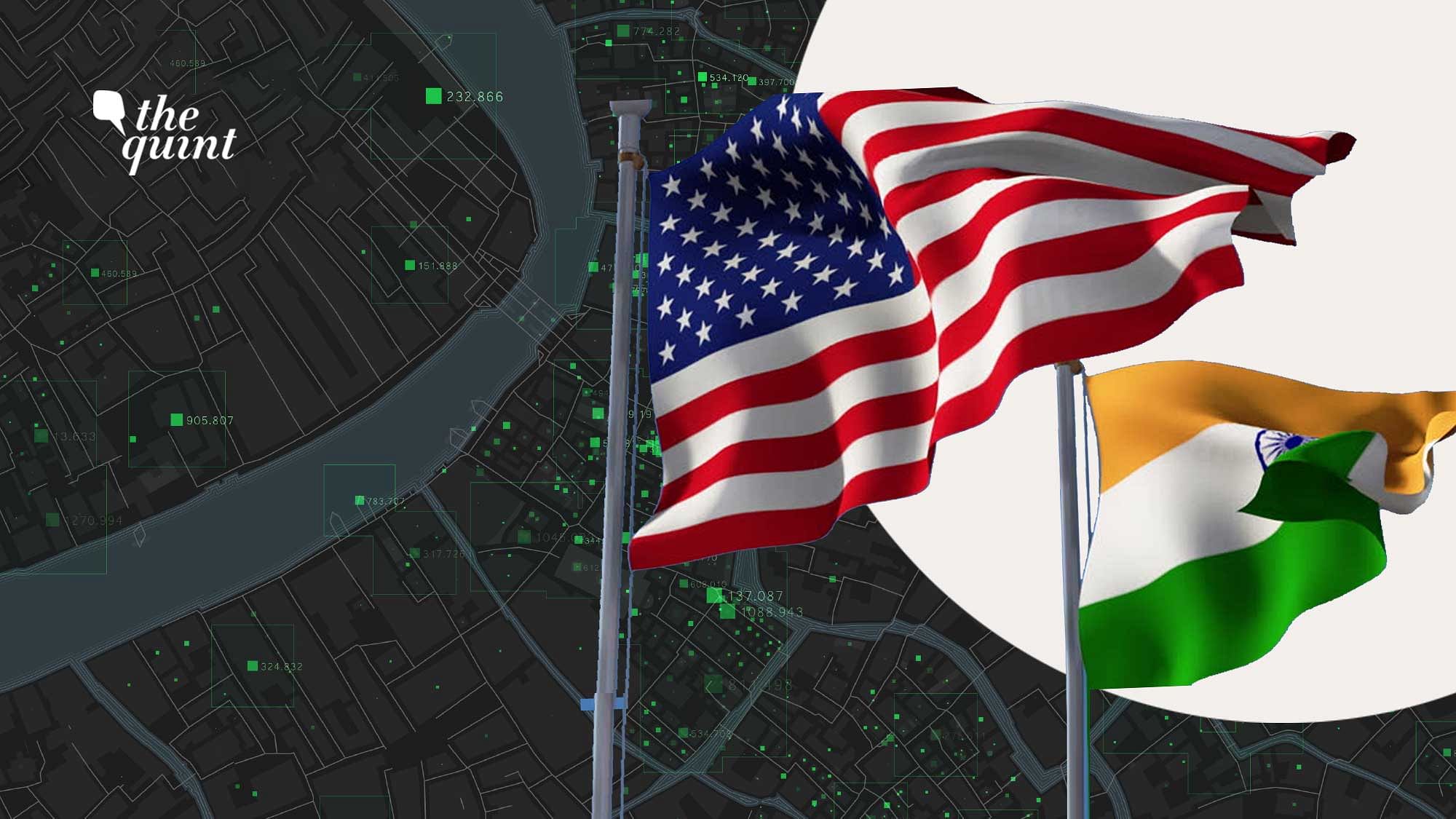 Image of Indian and American flags and illustration of geospatial data, used for representational purposes.