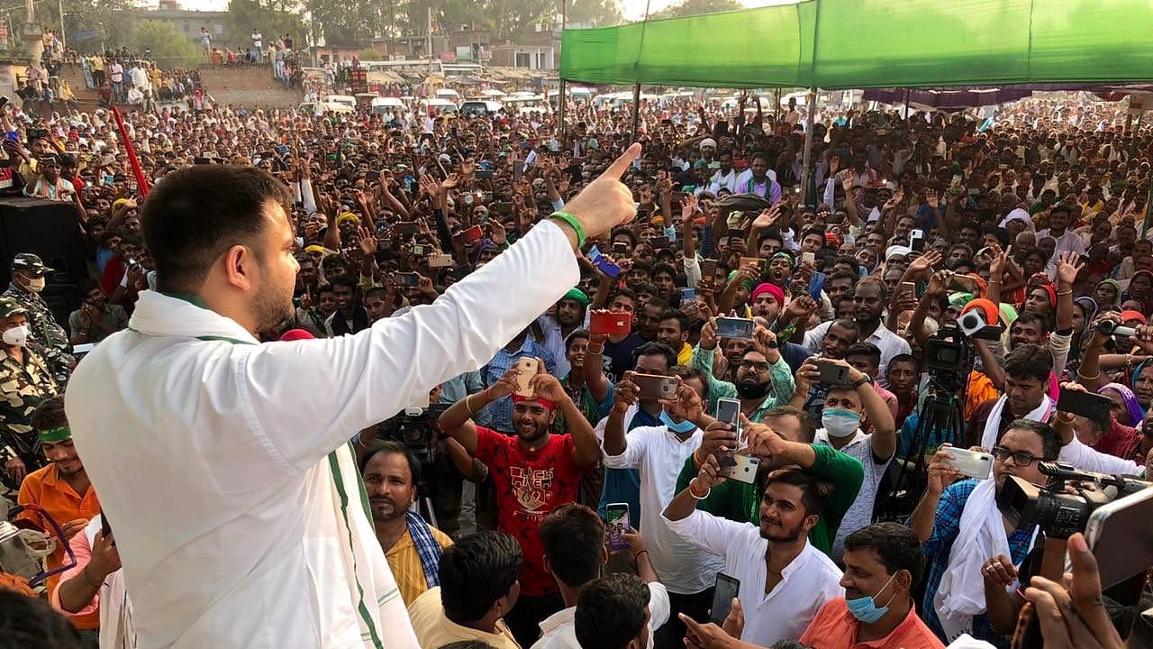 Tejashwi Yadav at a rally in Bihar.&nbsp;