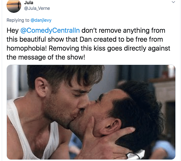 Dan Levy called out the channel for censoring same sex kiss. 