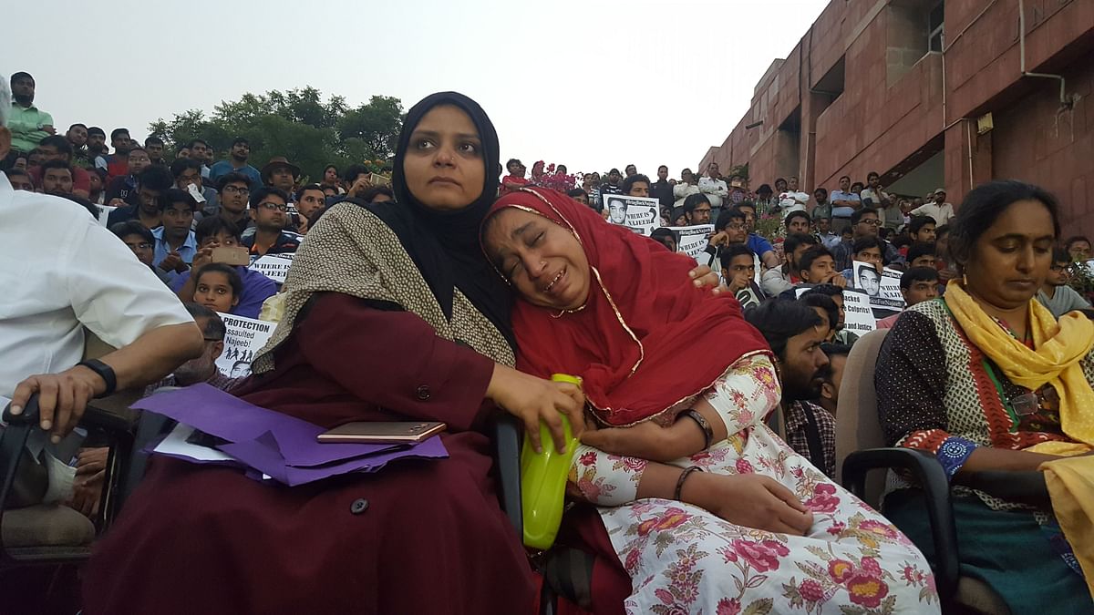 Najeeb Ahmed’s mother and his sister at a solidarity meet in JNU. 