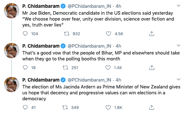 Chidamabaram also lauded the re-election of New Zealand PM  Jacinda Ardern.